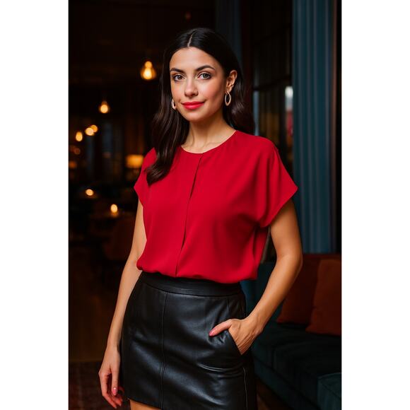 Vintage Womens 100% Silk Blouse Dolman Short Sleeve Layer Luxury Holiday Red 6 - Picture 1 of 10